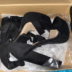 Black lace up suede heels